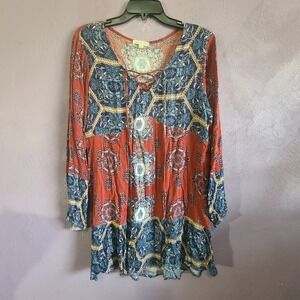 Socialite Tunic Top Dress Women Large Rust Blue Paisley Lace-up Boho Long Sleeve